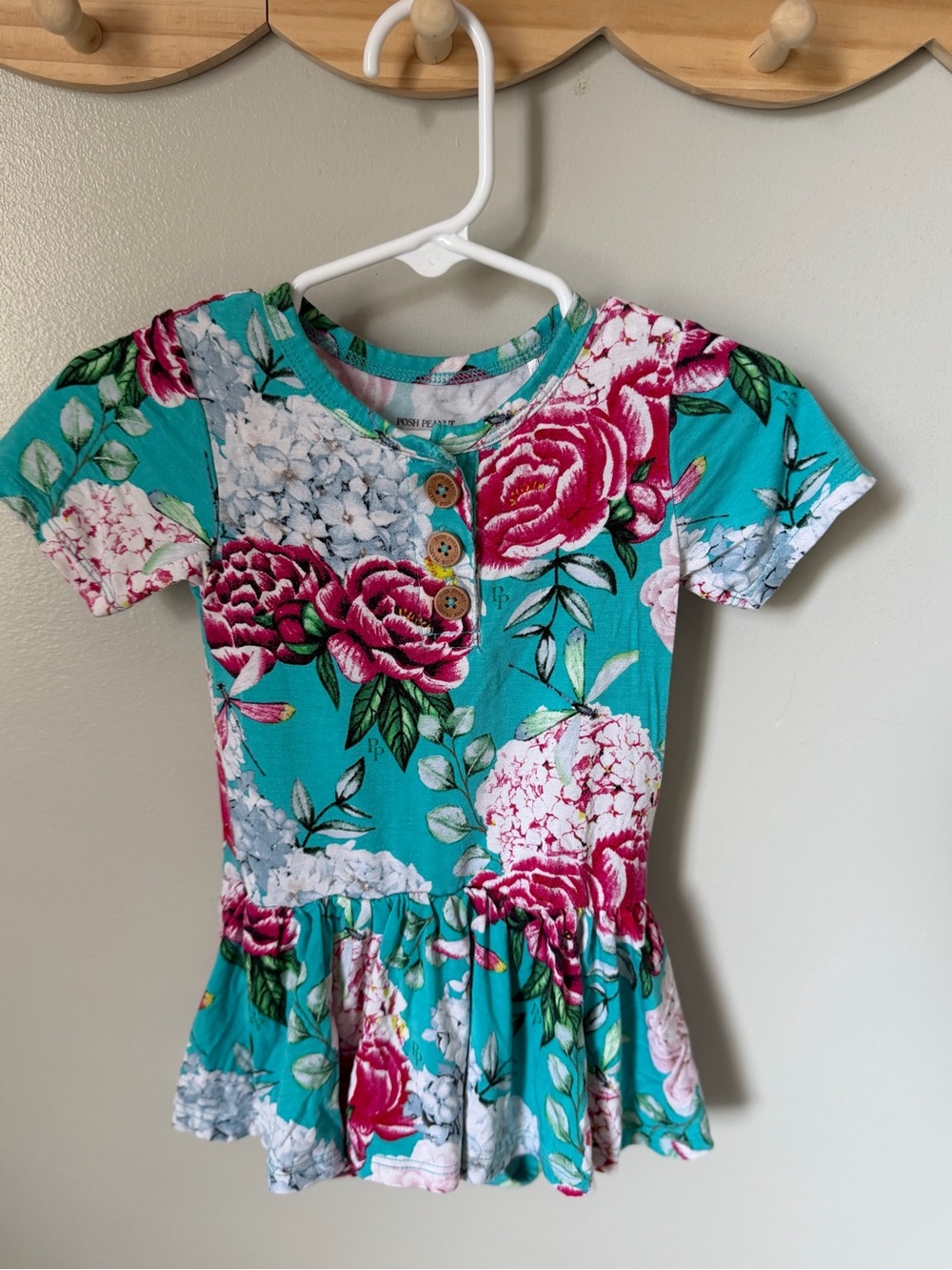 Posh Peanut Floral Turquoise Bamboo Twirl Dress Bodysuit 18-24M Short Sleeve